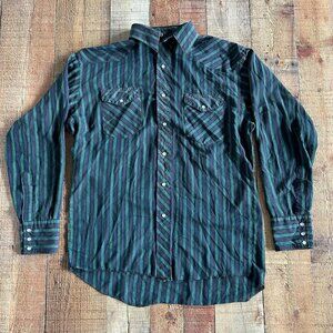 Vintage Wrangler Men's Lightweight Pearl Snap Long Sleeve Button Down Blue Green